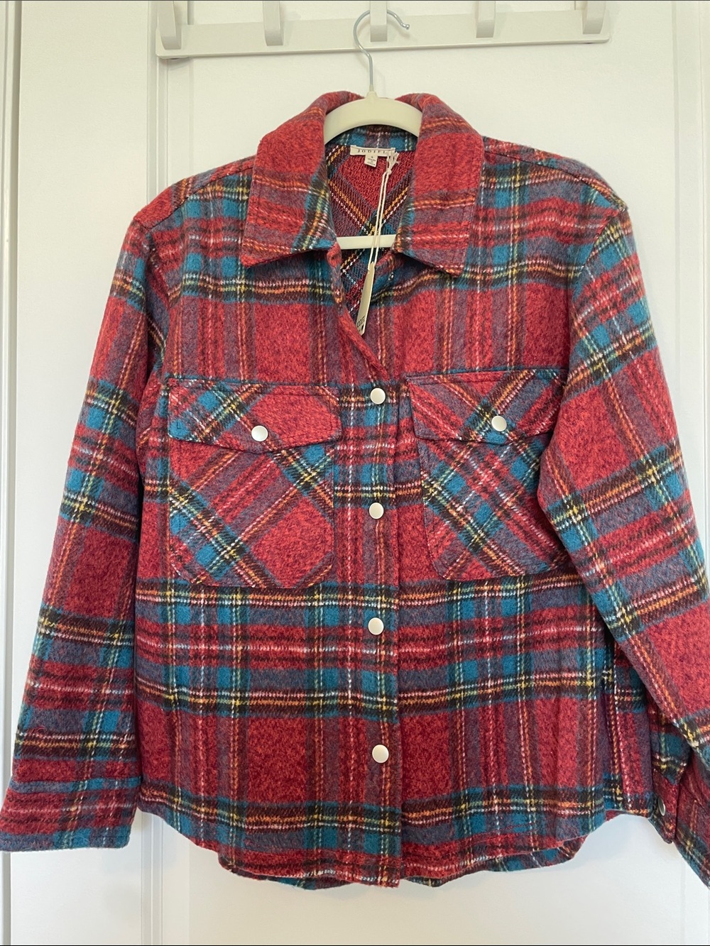 JODIFL Red Plaid Utility Shacket with Teal & Yellow Accents